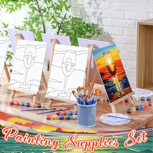 Motipuns 6 Set Pre Drawn Canvas for Painting for Adults Sip and Paint Kit with Easels 8 x 10 Inches Paint Party Kit with Printed Canvas Paints Brushes Palette Apron(Sunset with Wine Glass) - Image 2