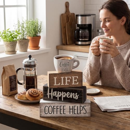 Moucuny 4 Pcs Wooden Coffee Bar Signs Farmhouse Table Decor Blocks - Image 4