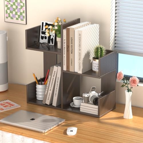 Modern 2-Tier Desk Bookshelf, Short Book Organizer, Display Shelf & Desktop Storage Rack, Space-Saving Desk Bookshelf for Books, Decor & Small Items, Brown - Image 5