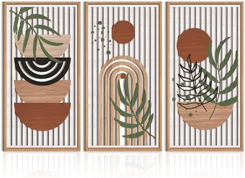 IARTTOP Large Boho Wood Wall Art Framed 16x32 Inch Mid Century Modern Wooden Wall Decor Abstract Bohemian Minimalist Art Decor for Bedroom Living Room Office Set of 3 by IARTTOP