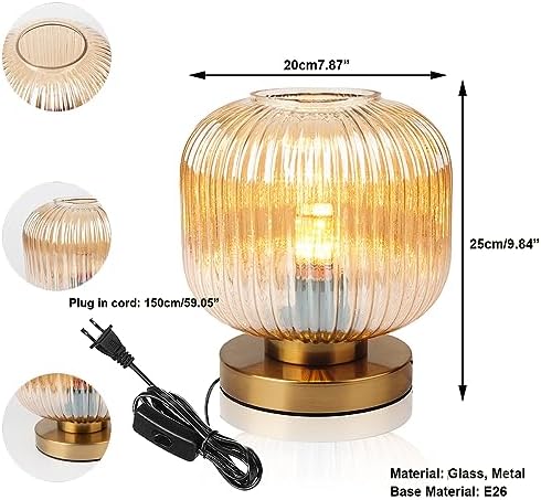 Mid Century Side Table Lamps Gold Desk lamp Amber Glass Small Table lamp Bedside nightstand lamp Globe Table lamp for Bedroom Living Room Office end Table - Image 6