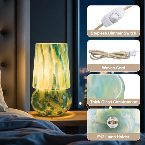 9.8″ Mushroom Glass Table Lamp, Dimmable Modern Beside Lamp, Emerald Teal - Image 3