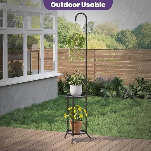 2-Tier Metal Plant Stand with Hanging Hook, Indoor Outdoor Plant Shelf,Heavy Duty Plant holder Rustproof Iron Multiple Plant Round Supports Rack for Planter Corner Garden Balcony Patio (Black) - Image 3