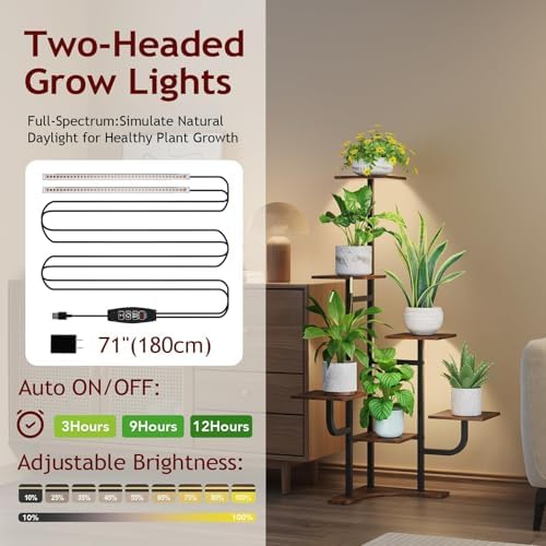 Homsorout Corner Plant Stand with Grow Light - 6 Tier Plant Stand Indoor Square Metal Plant Shelf with Adjustable Light, Plant Organizer for Living Room, Graden, Home Decor, Brown - Image 3