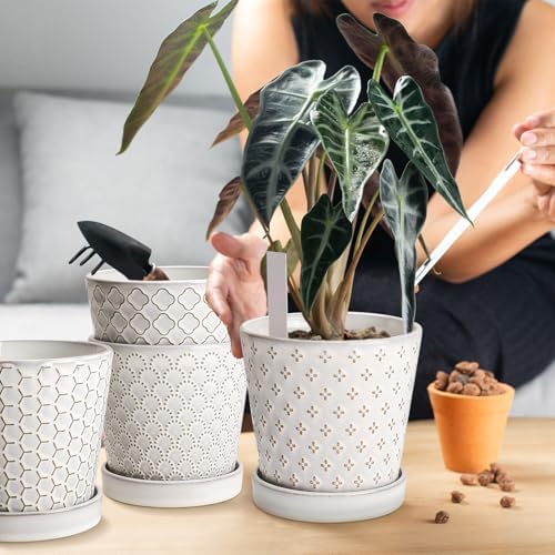 EFISPSS Ceramic Plant Pots Indoor, 5 Inch Planters with Drainage Holes and Ceramic Tray, Relief Design Flower Planter, Desktop Office Windowsill Decoration Gift Set of 4, White - Image 3