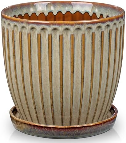 Oairse Ceramic Pots for Indoor Plants, 7.8 inch Pots for Plants Brown Planters with Drainage Holes and Saucers Texture Ceramic Planters Indoor Outdoor for Succulent by Oairse