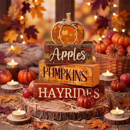 Moucuny 4 Pcs Fall Table Decoration for Home, Wooden Pumpkins Harvest Decor - Image 2