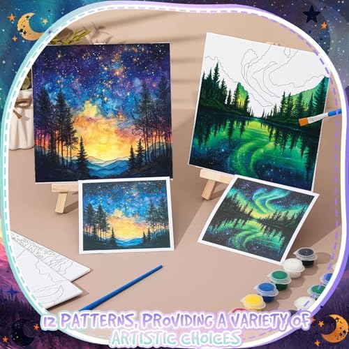 Tenceur 12 Sets Pre Drawn Canvas to Paint Adult Stretched Coloring Painting Canvas Panels with Design Easel and Brushes for Party Supplies Beginner Favor(Starry Aurora) - Image 5