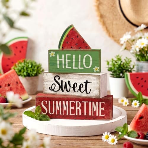 Moucuny 4 Pcs Summer Table Decor Watermelon Wooden Signs Farmhouse - Image 2