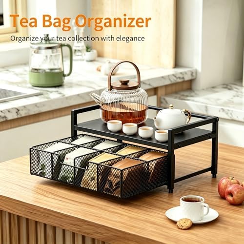 Tea Bag Organizer, Tea Bag Holder with Drawer, Wood and Metal Tea Organizers and Storage Chest for Countertop Kitchen, Office, Black - Image 5