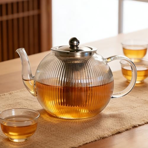 50OZ/1500ml Ribbed Borosilicate Glass Teapot with Removable Stainless Steel Infuser & Lid, Stovetop Safe Vertical Striped Clear Tea Kettle for Loose Leaf & Blooming Tea - Image 6