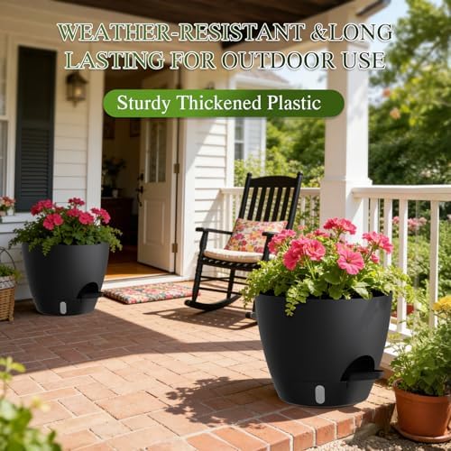 Self Watering Pots with Drainage Holes, 3 Pack 12/10/8 Inch Plant Pots with Water Level Indicator Deep Reservoir, Large Plastic Planter for Indoor Outdoor Plants - Black - Image 5