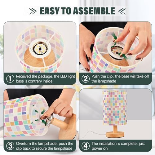 Pastel Checkered Rainbow Mosaic Bedside Table Lamps with USB Port for Bedroom Lamp Table Lamp Small Nightstand Lamp Sturdy Linen Shade Wooden Decorative Lamps for Home Dorm Office Living Room - Image 6
