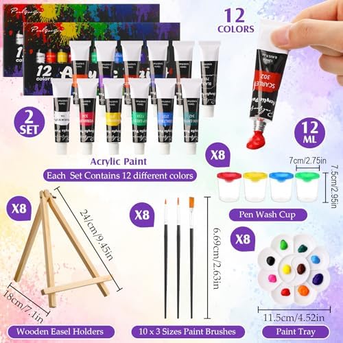 Cholemy 8 Set Paint and Sip Kit for Adults 8'' x 10'' Pre Drawn Canvas with Wooden Easels Acrylic Paint Brushes Wash Cup Palette Apron for Painting DIY Date Night Party Supplies (Sunset Lake) - Image 4