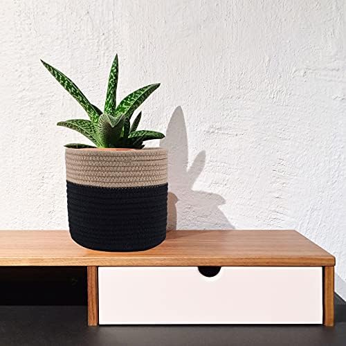 Woven Cotton Rope Plant Basket for 6" Pot H6 3/4" x W6 1/2" Black&Brown - Image 3