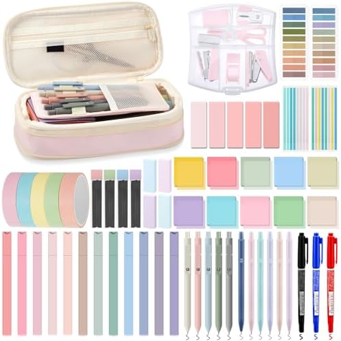 Sinload 60 Pcs Aesthetic Book Annotation Kit School Supplies Cute Pencil Case Mini Stapler Set 12 Highlighter 5 Gel Pen 6 Pencil 5 Magnetic Bookmark 1220 Sticky Note Student Stationary(Pink) by Sinload