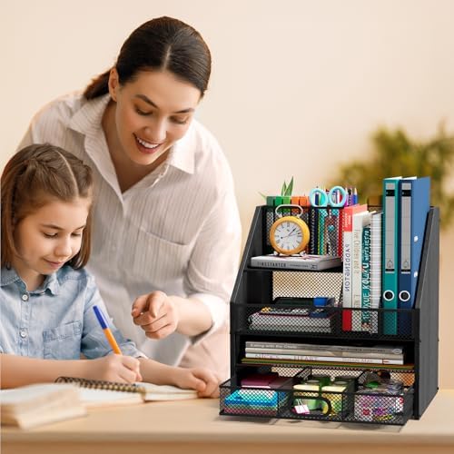 Homsorout Wooden Desk Organizer - Mesh File Organizer with Drawers and Pen Holder - 4-Tier Vertical Paper Letter Storage Tray, Desktop Organizers and Accessories for Home Office (Black - Image 6