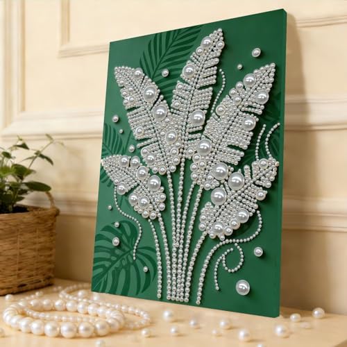 DIY Pearl Painting with Frame, Creative Design, Handmade Stress-Relieving Home Wall Decoration, Includes Frame and Tools-Monstera Leaves - Image 3