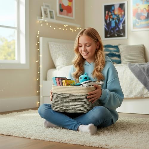 R RUNKA Small Cotton Rope Basket – Storage Bin for Organizing (10.6" x 6.7" x 6.7"), Bathroom Storage Basket for Shelf, Counter & Closet（Camel & Mixed Black） - Image 3