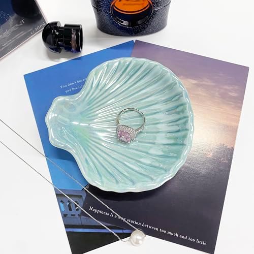 Ring Dish Shell Shape Ceramic Jewelry Dish Tray, Decorative Trinket Dish Organizing Rings Earrings Necklaces Keys for Mom Friend Sister, 3.9", Blue Iridescent Surface - Image 5
