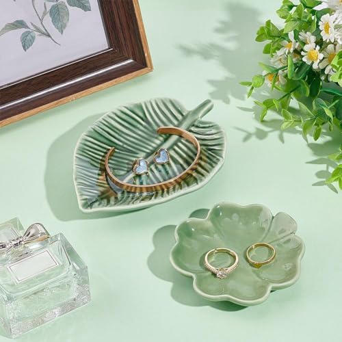 Leaf Trinket Dish, Four Leaf Clover Ceramic Ring Holder Jewelry Tray Dish for Home Décor Bathroom (Green Leaf) - Image 4