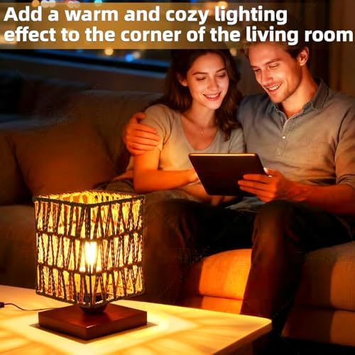 Small Rattan Table Lamp,Boho Mini Bamboo Bedside Lamps for Bedroom,Handwoven Vintage Wicker Nightstand Lamp with LED Bulb,Woven Ambient Night Light for Living Room Office Entryway Home Decor - Image 2