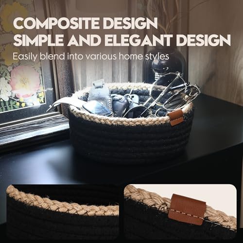 Sea Team 3-Pack Compact Nesting Woven Cotton Rope Storage Baskets, Black - Image 3