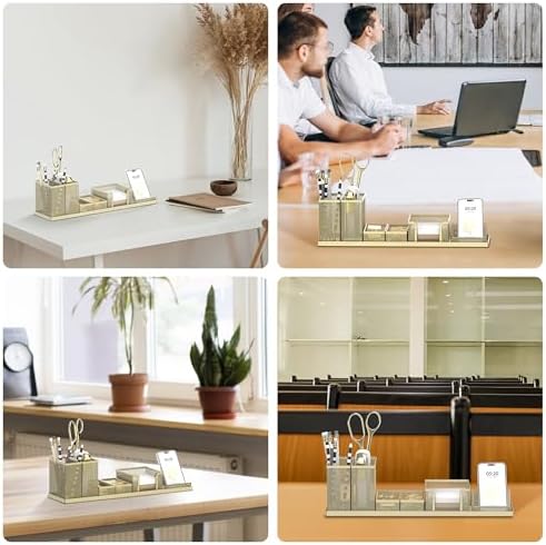 Pen Holder for Desk, 6-Piece Mesh Desk Organizer with Phone Holder, Gold - Image 7