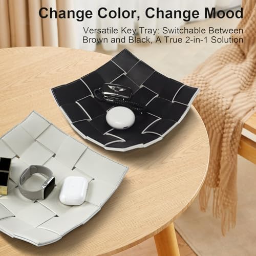 MSJGA Valet Tray for Men and Women PU Leather Key Holder Bowl for Entryway Table Bedside Nightstand Desk Catchall Organizer Tray for Wallet, Watch, Key, Phone Men's Gift - 9.8" L x 9.8" W x 2" H - Image 5