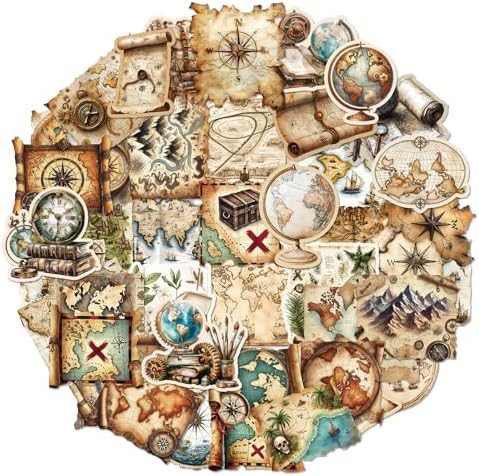 PRSTINCOL 100Pcs Vintage Sticker Pack,Cute Map Design Scrapbook Supplies, Vintage Aesthetic Junk Journal Accessories, Waterproof Vinyl Stickers for Water Bottles, Planners, Journals by PRSTINCOL