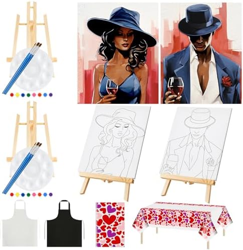 Yeaqee 13 Pcs Sip and Paint Kit for Adults Stretch Canvas Date Night Valentines Painting Kit Supplies Art Painting Set Outline Design Blank Stretch Canvas for Couple Party(Elite Couple,11x14) by Yeaqee
