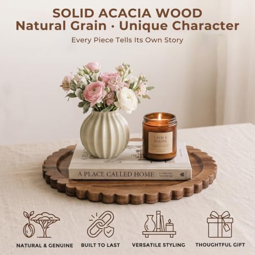 Solid Acacia Wood Decorative Tray, 12 Inch Round Scalloped Wood Tray Wooden Coffee Table Tray - Image 2