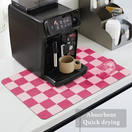 Ohocut Checkered Dish Drying Mat for Kitchen Counter, Coffee Bar Station Accessories, Retro Cute Girly Pink Aesthetic Modern Absorbent Drainer Mat Kitchen Drying Mat Easy Clean, Hot Pink 16" x 24" - Image 4