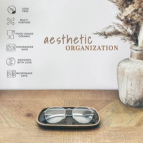 Mora Ceramic Decorative Tray - Rectangle 6.4in Dish for Jewelry, Perfume, Makeup, Accessories, Candle, in The Bathroom Vanity, Bedside, or Kitchen Counter. Cute Organizers - Black - Image 3