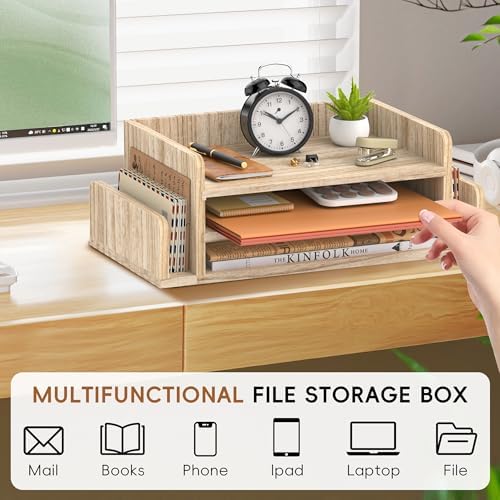 Wooden Desk Organizer, 3-Tier Paper Trays with 2 Mail Sorters, Natural Wood - Image 5