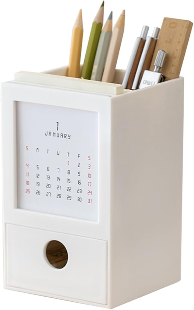 Pen Holder with 2026 Calendar,Desktop Organizer with Drawer,3-in-1 Desktop Organizer with Memo Pads,Multi-Functional Desk Organizers Office Desk Storage for School,Home,Office (WHITE)