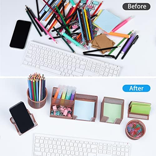 Desk Organizers Set with Mesh Pen Holder Cup, Rose Gold - Image 4