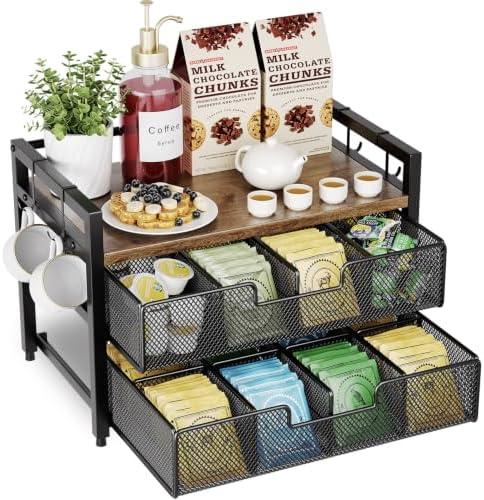 Tea Bag Organizer with 2 Drawers, 3 Tier Tea Bag Holder with Mug 4 Hooks by BOKIOVIN