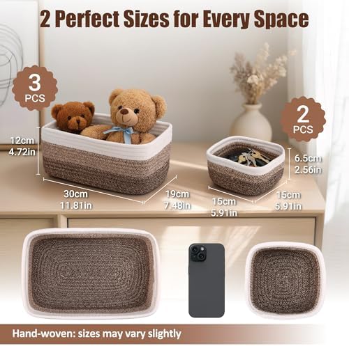 5-Pack Small Woven Rope Storage Baskets, 2 Sizes Organizer Bins - Image 2