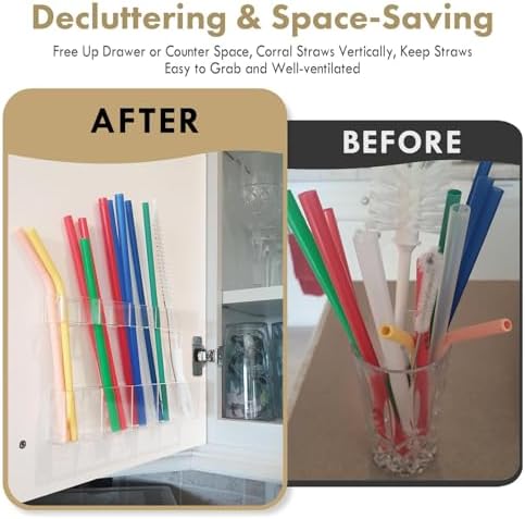 Acrylic Straw Holder for Cabinet Door - Child-Safe Organizer & Dispenser with Smooth Rounded Edges for Kitchen Accessories Storage, Adhesive Circles Included (Clear Transparent) - Image 2