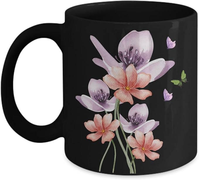 Watercolor Flowers & Butterflies 11oz Coffee Mug, Pretty Floral Coffee Cup, Butterfly Gifts for Women