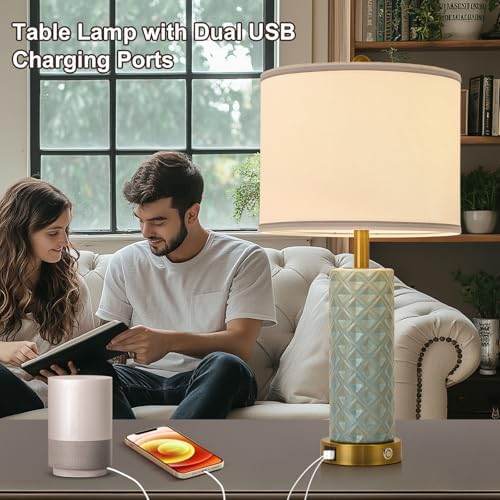 Set of 2 Table Lamp for Living Room Bedroom Farmhouse,26'' Touch Control Bedroom Spa Blue Ceramic Lamps 3-Way Dimmable Bedside Lamps with USB A+C Ports Linen Shade for Home - Image 2