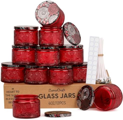 LumaCraft Luxury Embossed Glass Candle Jars for Making Candles - 12 Pack Empty Candle Containers with Airtight Metal Lids, 20 Wicks & 20 Stickers, Colored Glass Jars for Gifts & Decor-4oz by Unknown