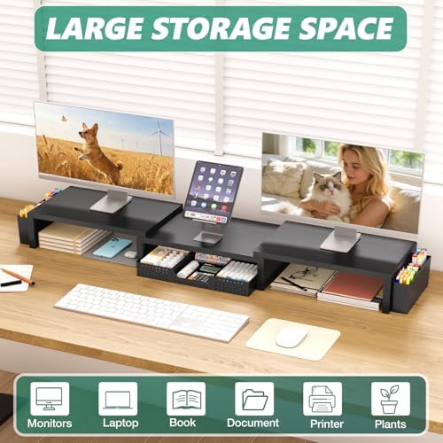 OPNICE Desk Organizer and Accessories, Computer Monitor Stand Riser with Drawer and 2 Pen Holders, Laptop Stand, Office Desk Accessories for Office Supplies, Black - Image 5