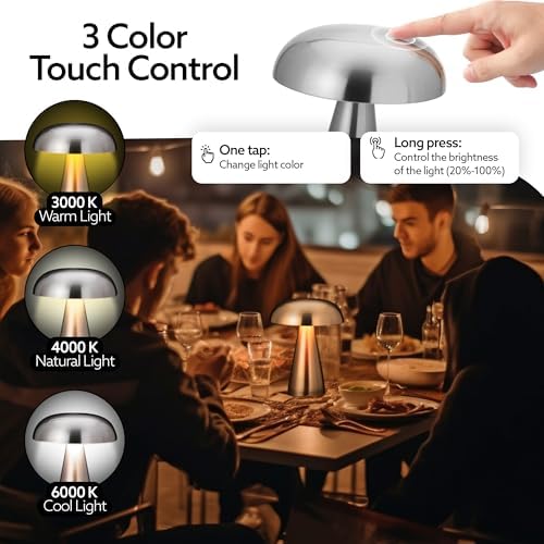 Brushed Silver Mushroom Table Lamp, Cordless Rechargeable LED Metal Lamp, Tap Touch 3-Color Modes Changing Light, Small Portable Accent Lamp for House, Restaurant, Hotel, Bars, Travel, Emergencies - Image 4