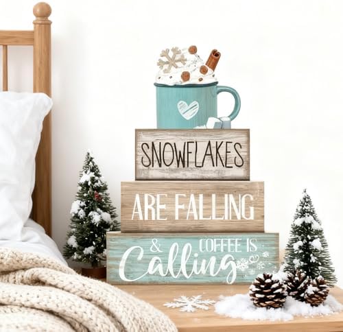 Moucuny 4 Pcs Wooden Block Signs Farmhouse Table Decor Winter Coffee Cup - Image 6