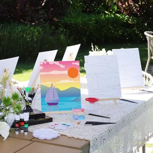 Cholemy 8 Set Paint and Sip Kit for Adults 8'' x 10'' Pre Drawn Canvas with Wooden Easels Acrylic Paint Brushes Wash Cup Palette Apron for Painting DIY Date Night Party Supplies(Landscape) - Image 2