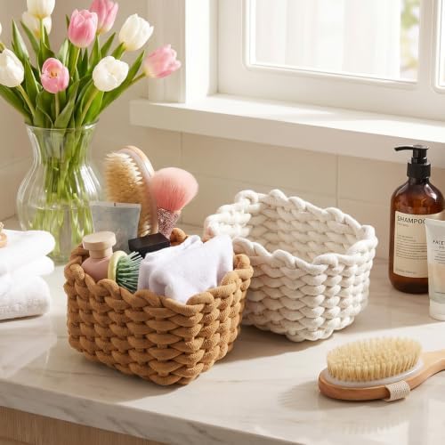 2 Pack Woven Storage Basket Set – Small Square Basket for Shelves, Desk, Vanity, Bedroom – White & Khaki Cotton Rope Bins, 7.7 x 6.1 x 5.5 Inches - Image 4