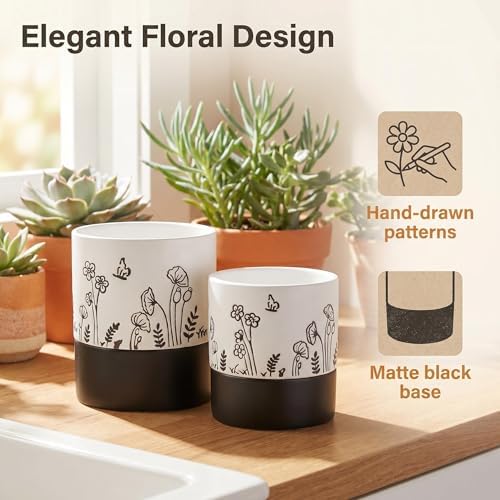 Nihow Self Watering Pots for Indoor Plants,4.5+6 Inch,White Hand Painting - Image 6