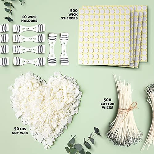 CraftBud Soy Candle Wax for Candle Making – Natural Soy Wax for Candle Making 50 lb Bag, Candle Making Wax, 50 Lbs. Soy Wax Flakes, 500 Candle Wicks, 500 Wick Stickers, and 10 Metal Centering Devices - Image 2